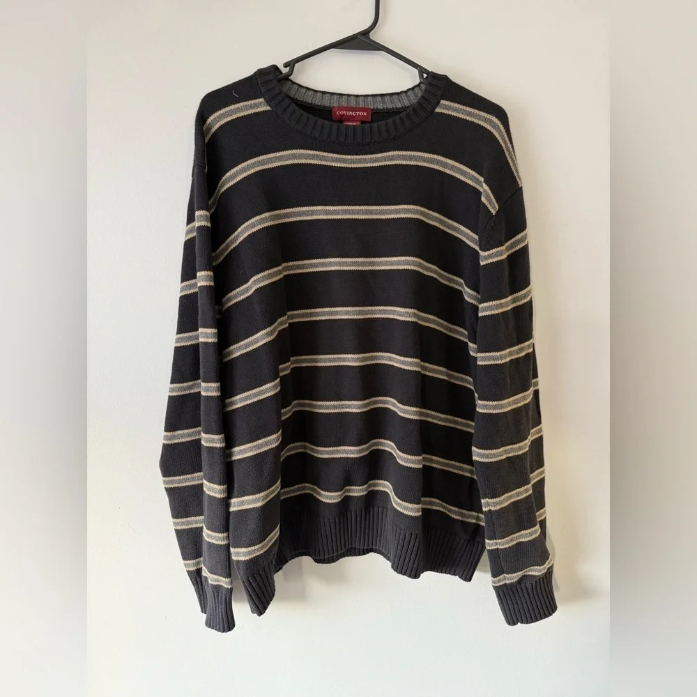 VTG Covington Cotton Black Gray Striped Crewneck Sweater Grandpa Unisex Size XXL